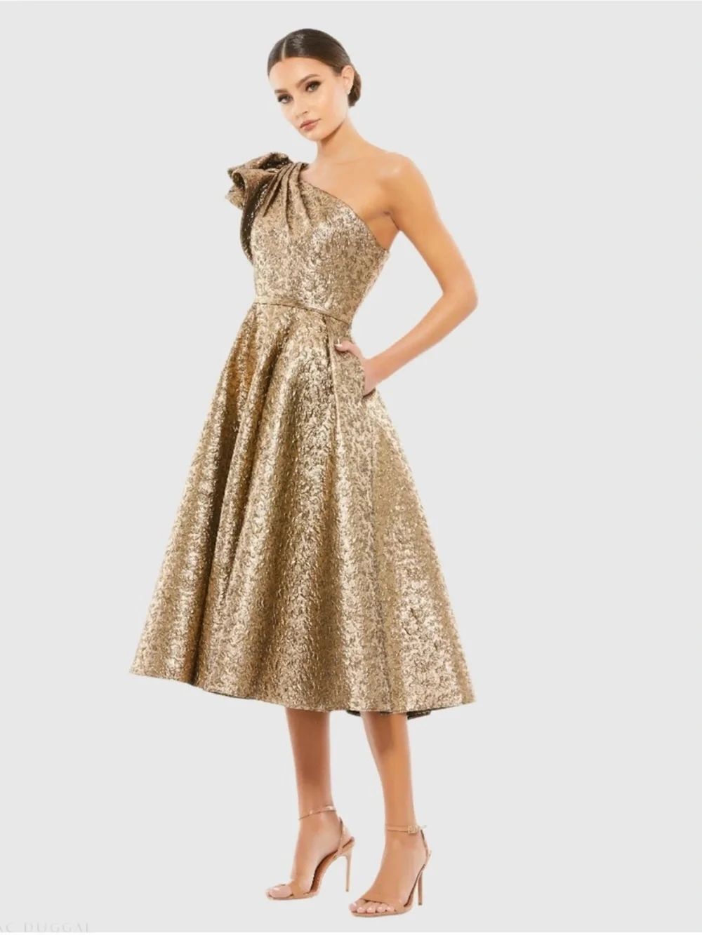 Gold One Shoulder Brocade Bow Midi Dress with Pockets #67906 SIze 10 NWT